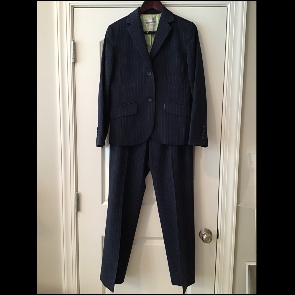 Pendleton navy blue suit with green pin stripes
